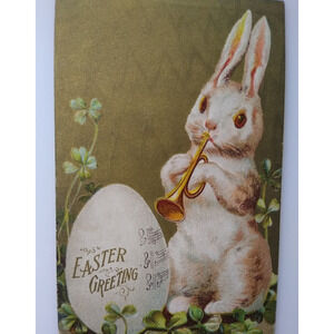 Easter Postcard Fantasy Bunny Rabbit Musician Plays Horn Gold 1909 Music Notes